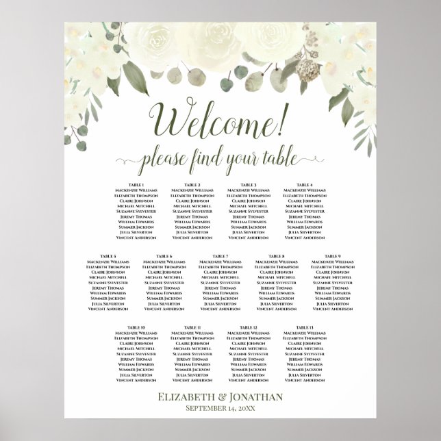 13 Table Ivory White Floral Wedding Seating Chart (Front)