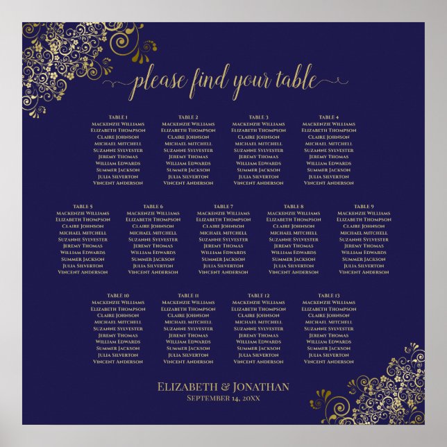 13 Table Lacy Gold Navy Blue Wedding Seating Chart (Front)