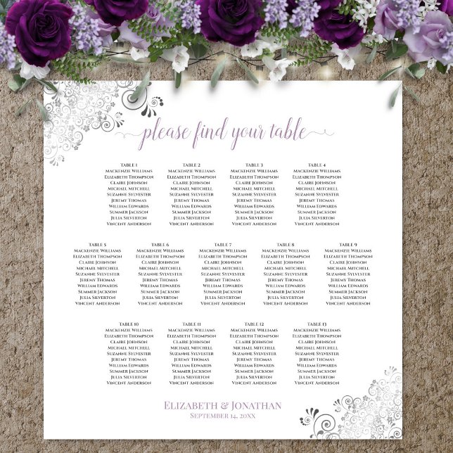 13 Table Lacy Wedding Seating Chart White Lavender (In Situ on Wall with Flowers)