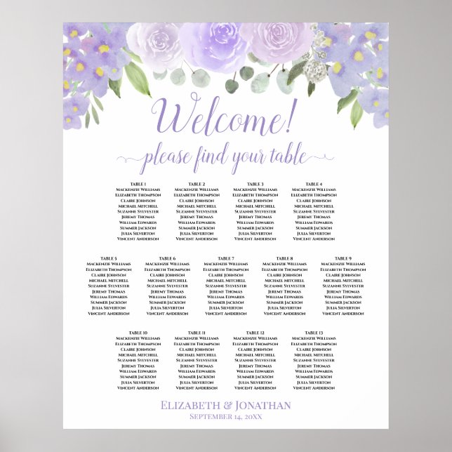 13 Table Lavender Floral Wedding Seating Chart (Front)