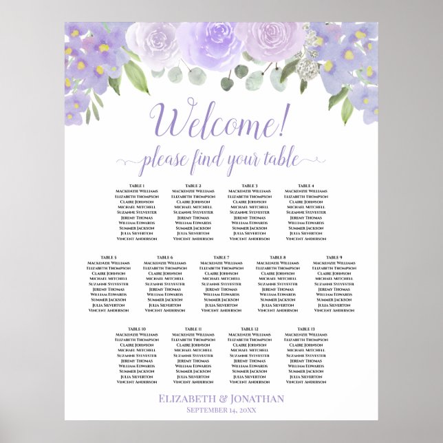 13 Table Lavender Floral Wedding Seating Chart (Front)
