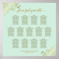 13 Table Mint Green & Gold Wedding Seating Chart