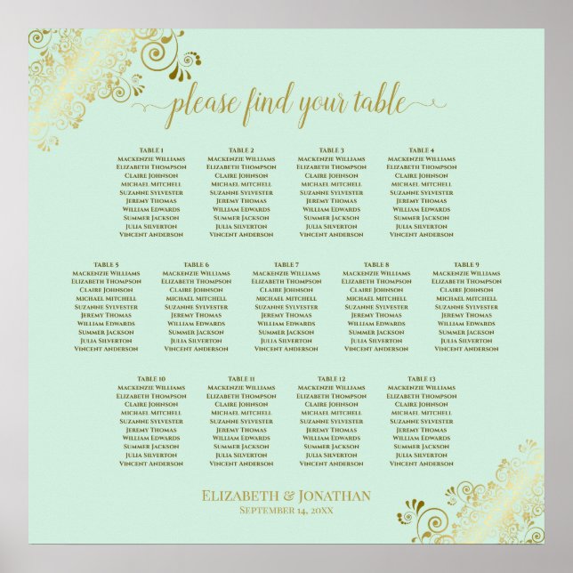 13 Table Mint Green & Gold Wedding Seating Chart (Front)