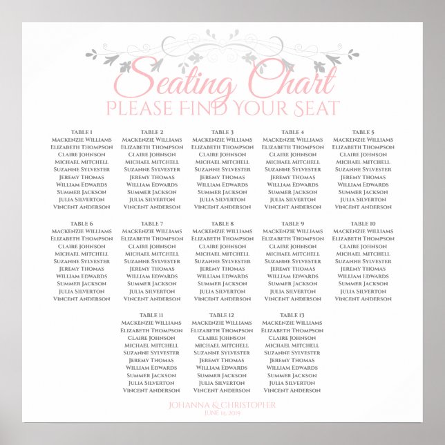 13 Table Pink & Grey Wedding Seating Chart (Front)