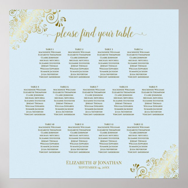 13 Table Powder Blue & Gold Wedding Seating Chart (Front)