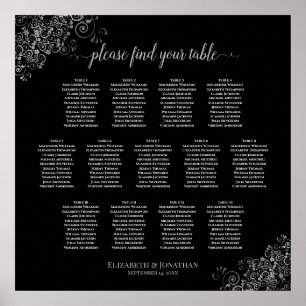 13 Table Silver Frills Black Wedding Seating Chart