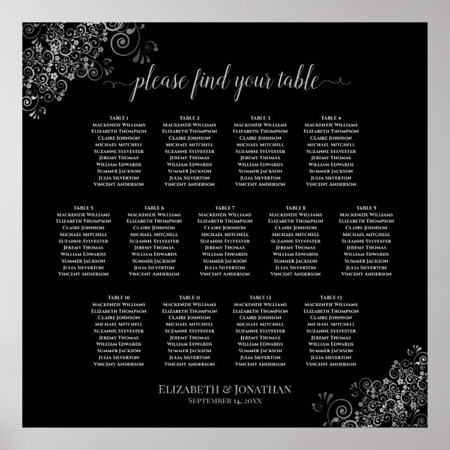 13 Table Silver Frills Black Wedding Seating Chart (Front)