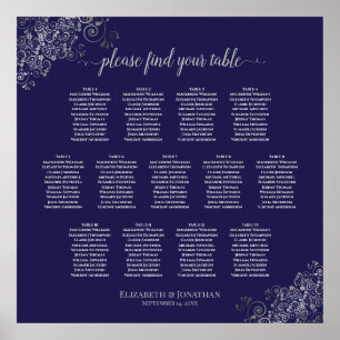 13 Table Silver & Navy Blue Wedding Seating Chart