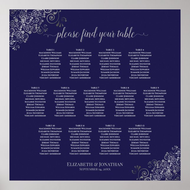 13 Table Silver & Navy Blue Wedding Seating Chart (Front)
