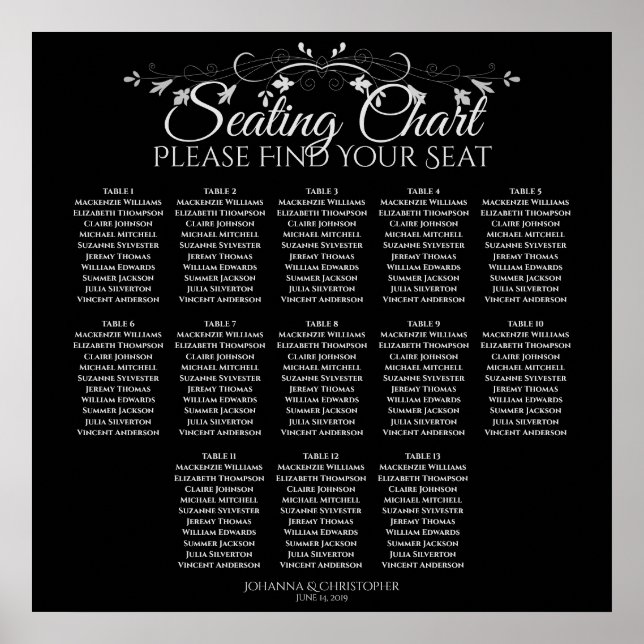 13 Table Silver on Black Wedding Seating Chart (Front)