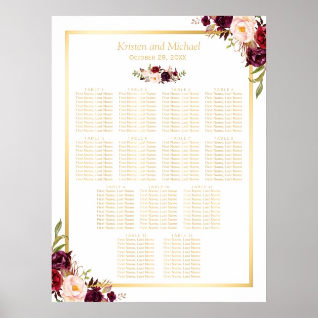 13 Tables Wedding Seating Gold Burgundy Floral Poster (Front)