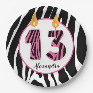 13 Year Old Girl Zebra Stripe Pink Trendy Birthday Paper Plate