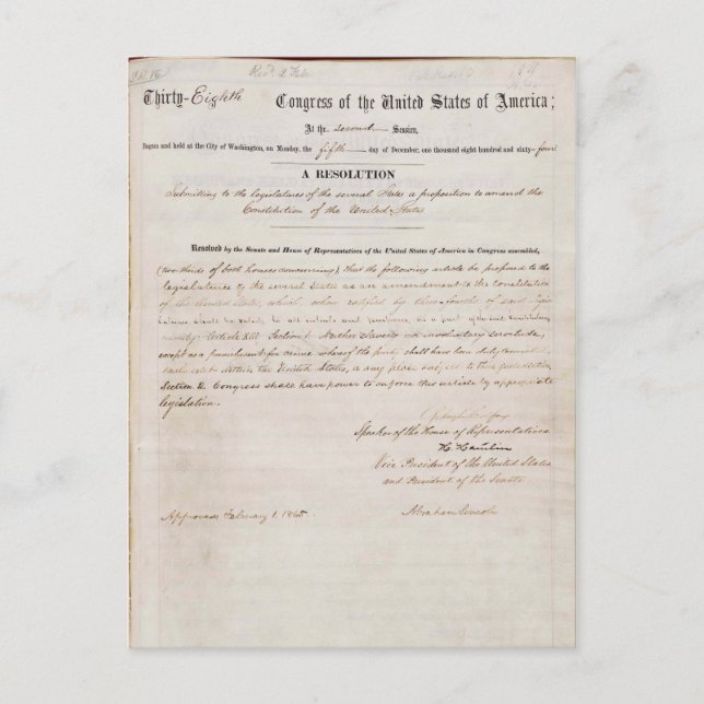 13th Amendment of the United States Constitution Postcard (Front)
