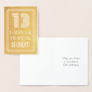 13th Birthday – Art Deco Inspired Look "13" + Name Foil Card