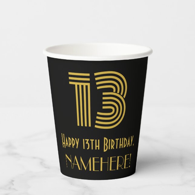 13th Birthday: Art Deco Inspired Look “13” & Name Paper Cups (Back)