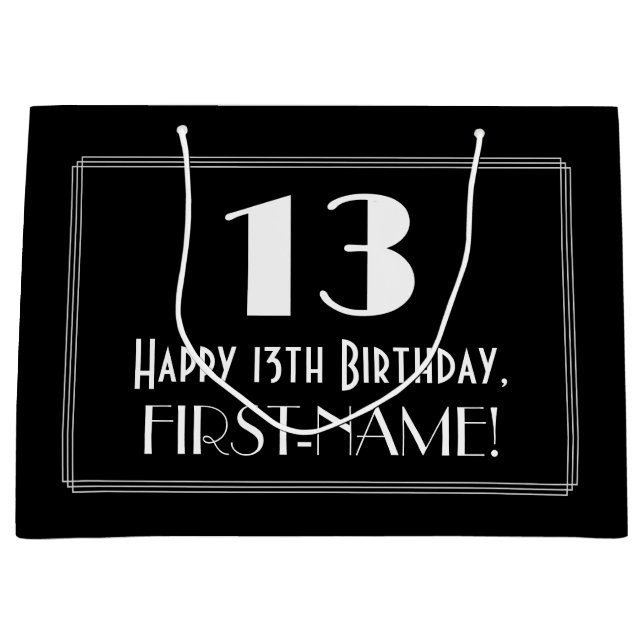 13th Birthday: Art Deco Inspired Style "13", Name Large Gift Bag (Front)