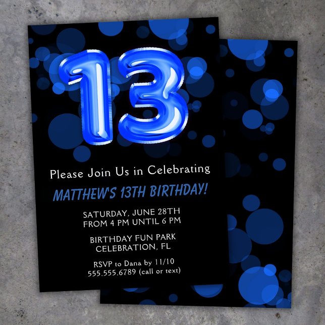 13th Birthday Balloons Kids Blue Boy Party Invitation (Creator Uploaded)