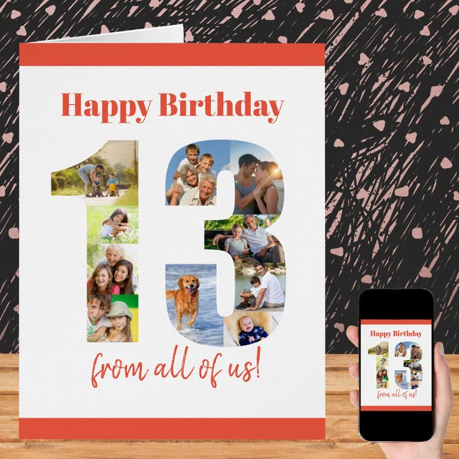 13th Birthday Big Number 13 Photo Collage Card (Creator Uploaded)