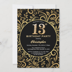 13th Birthday Black and Gold Floral Pattern Invitation