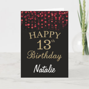 13th Birthday Black and Red Gold Glitter Card