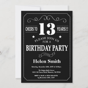 13th Birthday Black and White Chalkboard Invitation