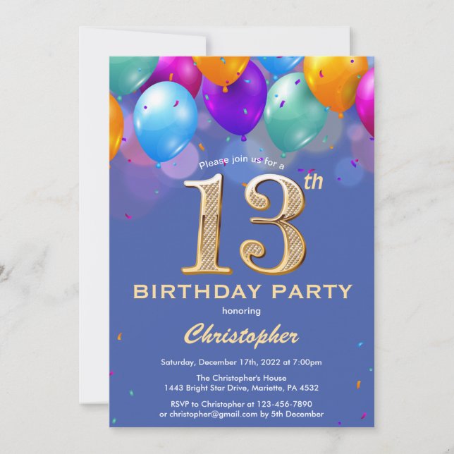13th Birthday Blue and Gold Colourful Balloons Invitation (Front)