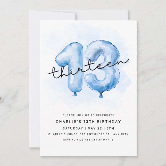 13th Birthday Blue Balloon Invitation (Front)