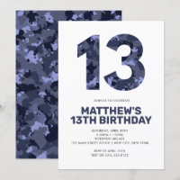 13TH Birthday, Blue Camo Personalised Teen
