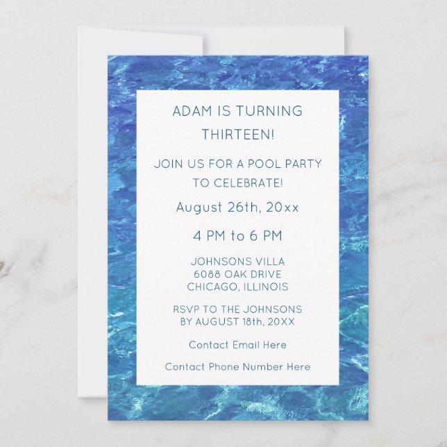 13th Birthday Blue Pool Party Water Patterns Cool Invitation (Front)