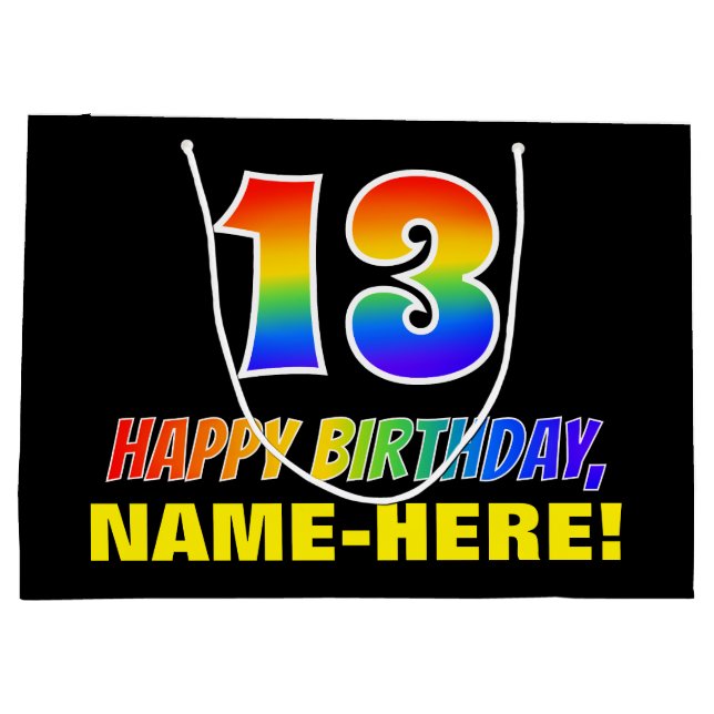 13th Birthday: Bold, Fun, Simple, Rainbow 13 Large Gift Bag (Back)