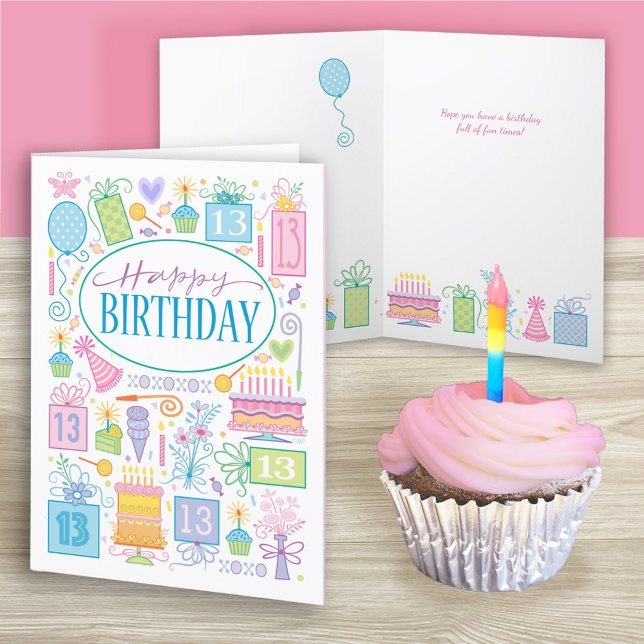 13th Birthday Bright Pastel Icons Card (Creator Uploaded)