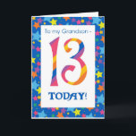 13th Birthday Card for Grandson, Stripes and Stars<br><div class="desc">A bright and colourful 13th Birthday Card for a Grandson,  with striped numbers and a starry border,  from a digital design by Judy Adamson. You can change the inside message if you wish.</div>