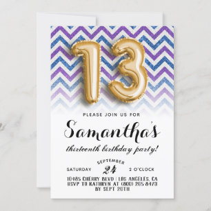 13th Birthday Chevron Stripes Glitter Invitation