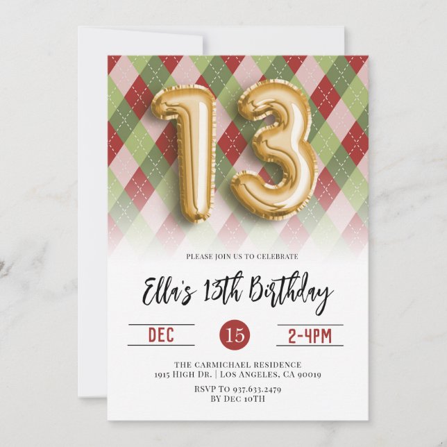 13th Birthday Christmas Gold Invitation (Front)
