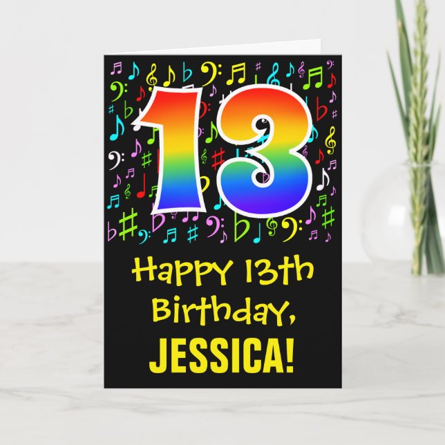 13th Birthday: Colorful Music Symbols + Rainbow 13 Card (Front)