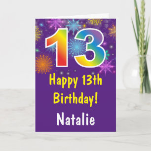 13th Birthday Colorful Rainbow Fireworks Purple Card