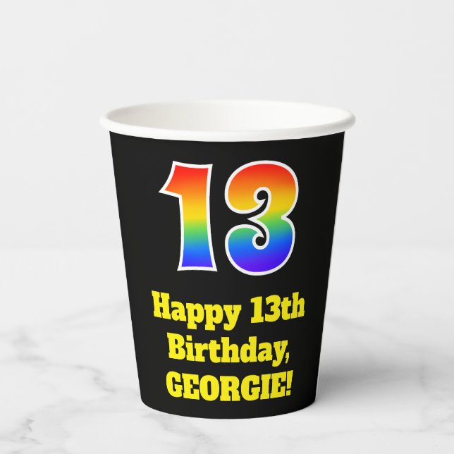 13th Birthday: Colourful, Fun, Exciting, Rainbow 1 Paper Cups (Back)