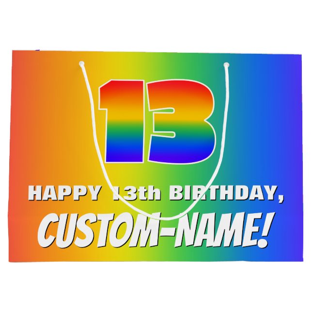 13th Birthday: Colourful, Fun Rainbow Pattern # 13 Large Gift Bag (Back)