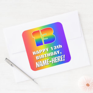 13th Birthday: Colourful, Fun Rainbow Pattern # 13 Square Sticker