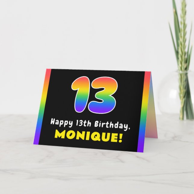 13th Birthday: Colourful Rainbow # 13, Custom Name Card (Front)