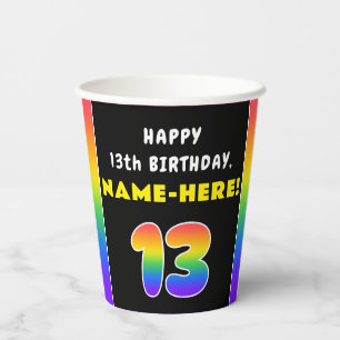 13th Birthday: Colourful Rainbow # 13, Custom Name Paper Cups