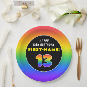 13th Birthday: Colourful Rainbow # 13, Custom Name Paper Plate