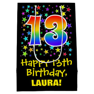 13th Birthday: Colourful Stars Pattern & Rainbow 1 Medium Gift Bag