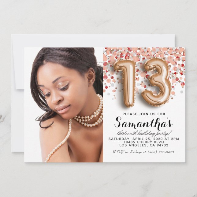 13th Birthday Confetti Rose Gold Portrait Invitation (Front)