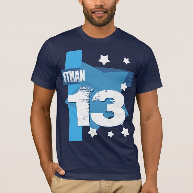 13th Birthday Custom Name BLUE and WHITE V8 T-Shirt (Front)