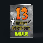 13th Birthday: Eerie Halloween Theme   Custom Name Card<br><div class="desc">The front of this scary and spooky Hallowe’en themed birthday greeting card design features a large number “13”. It also features the message “HAPPY BIRTHDAY, ”, plus a custom name. There are also depictions of a ghost and a bat on the front. The inside features a customisable birthday greeting message,...</div>