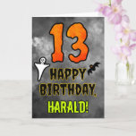 13th Birthday: Eerie Halloween Theme   Custom Name Card<br><div class="desc">The front of this scary and spooky Hallowe’en themed birthday greeting card design features a large number “13”. It also features the message “HAPPY BIRTHDAY, ”, plus a custom name. There are also depictions of a ghost and a bat on the front. The inside features a customisable birthday greeting message,...</div>