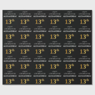 13th Birthday: Elegant, Black, Faux Gold Look Wrapping Paper