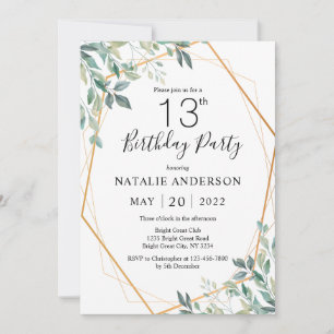 13th Birthday Elegant Eucalyptus Greenery and Gold Invitation
