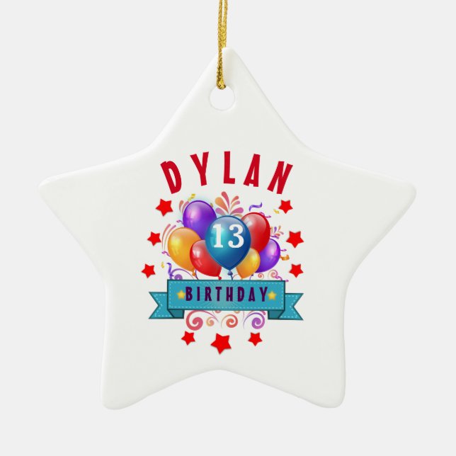 13th Birthday Festive Balloons and Red Stars 102Z Ceramic Tree Decoration (Front)